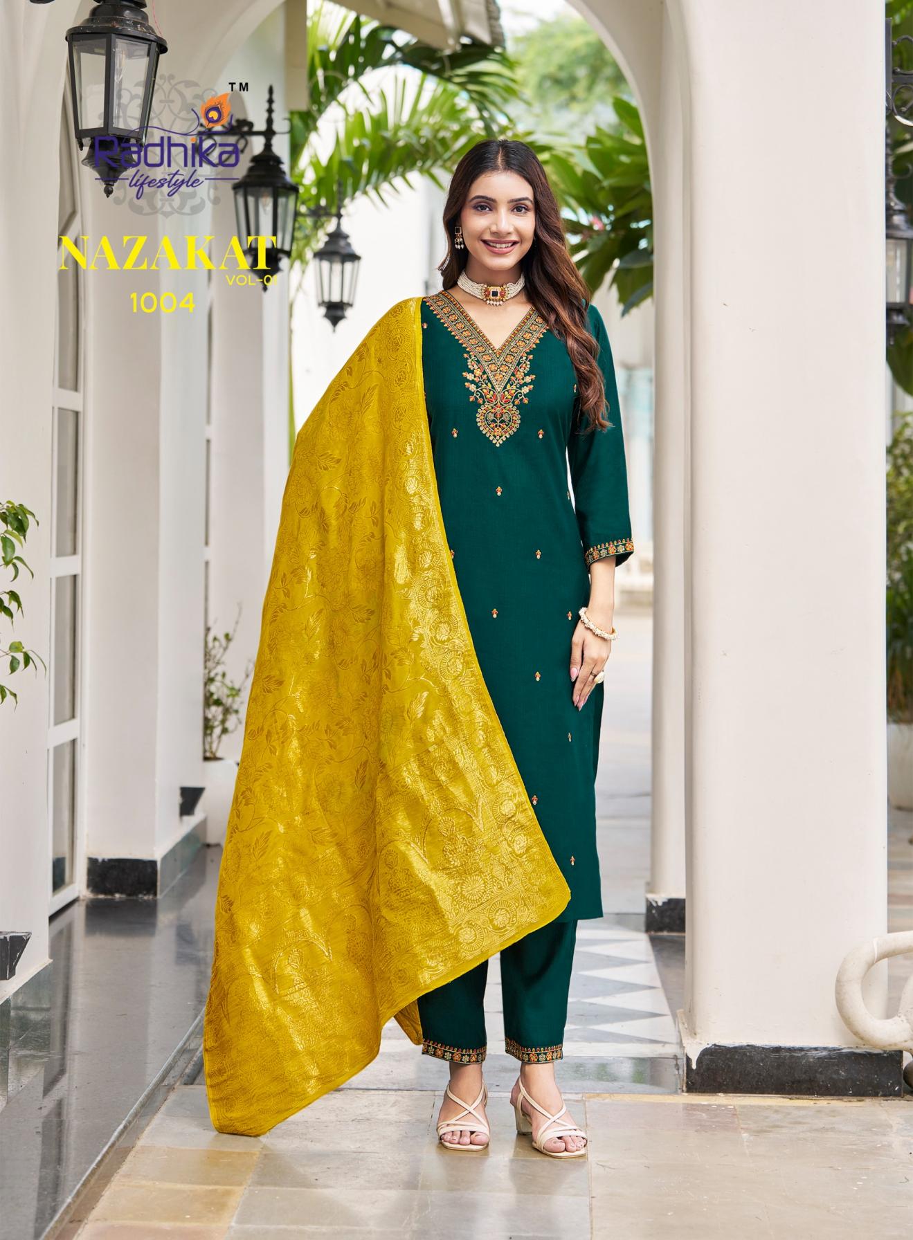 NAZAKAT VOL 1 BY RADHIKA LIFESTYLE VERTICAN SILK READYMADE PLUS SIZE SUITS 