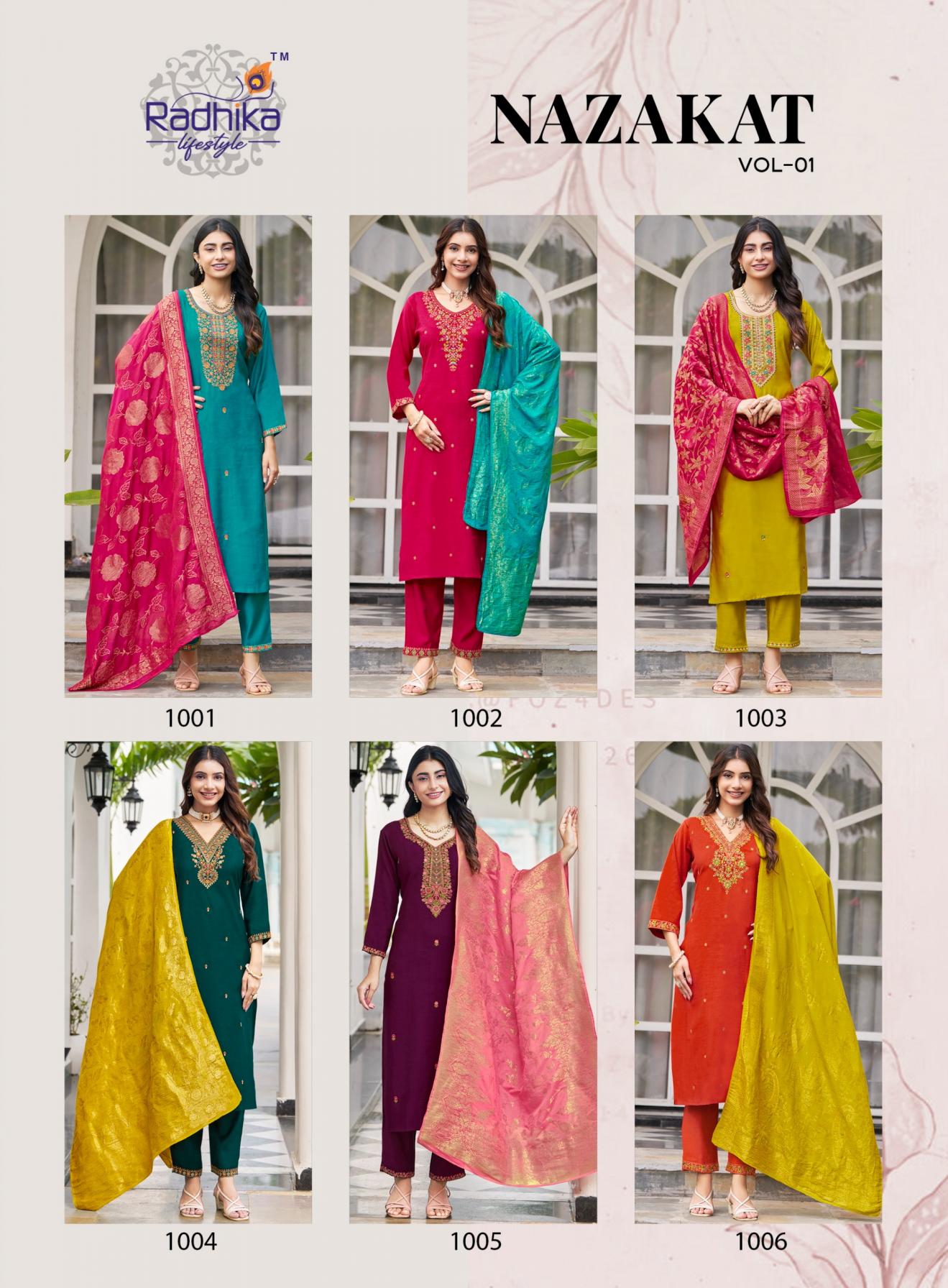 NAZAKAT VOL 1 BY RADHIKA LIFESTYLE VERTICAN SILK READYMADE PLUS SIZE SUITS 
