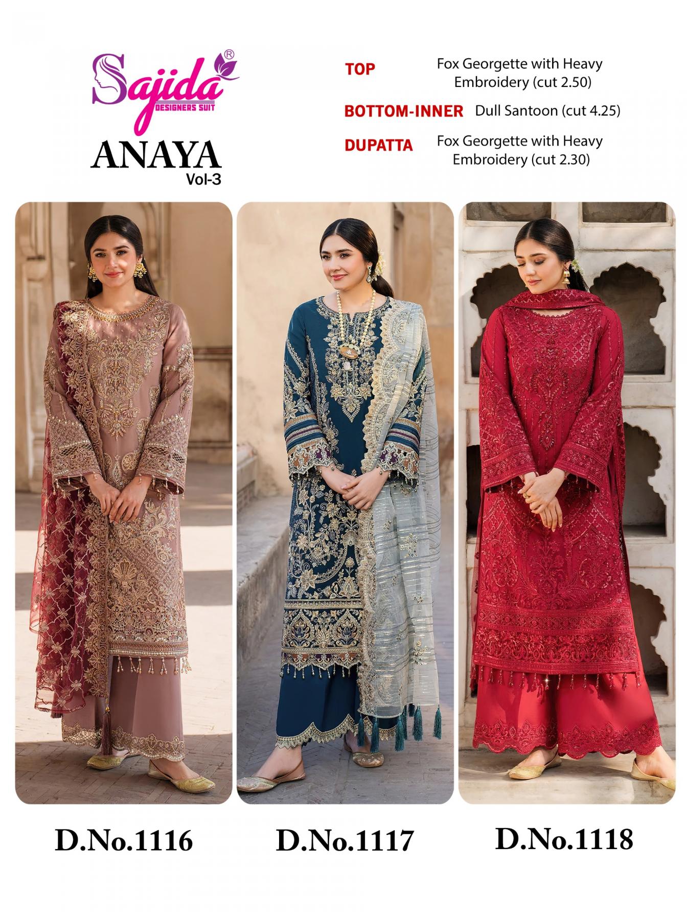ANAYA VOL 3 BY SAJIDA DESIGNER GEORGETTE FULL STITCH BIG SIZE PAKISTANI SUITS 