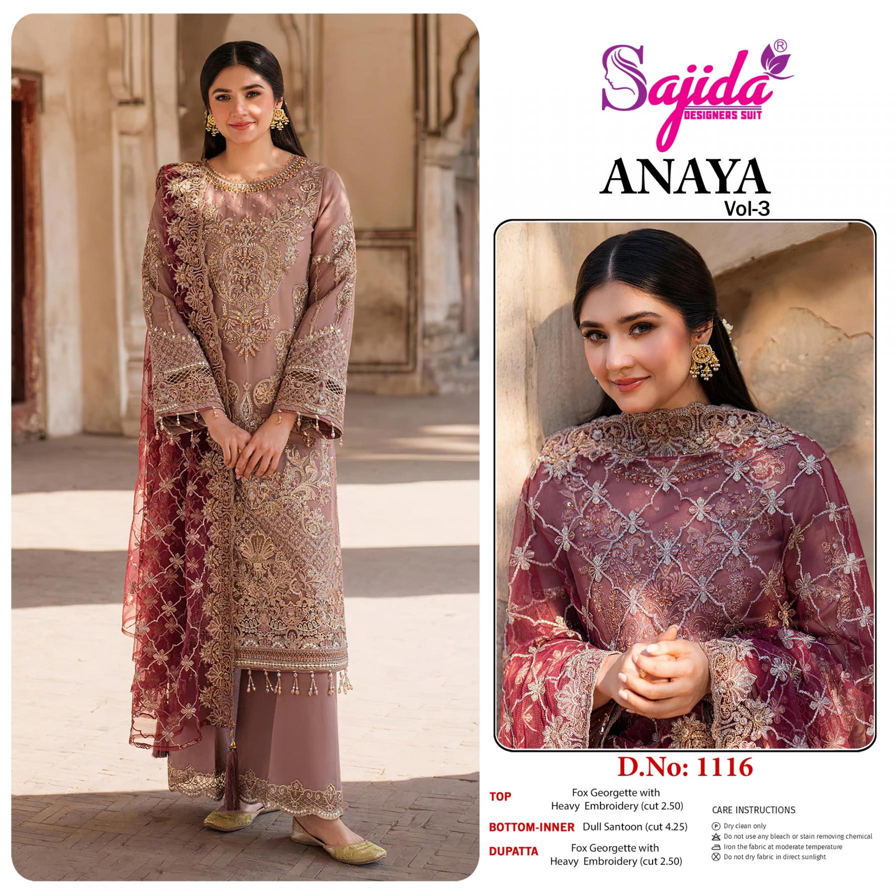 ANAYA VOL 3 BY SAJIDA DESIGNER GEORGETTE FULL STITCH BIG SIZE PAKISTANI SUITS 