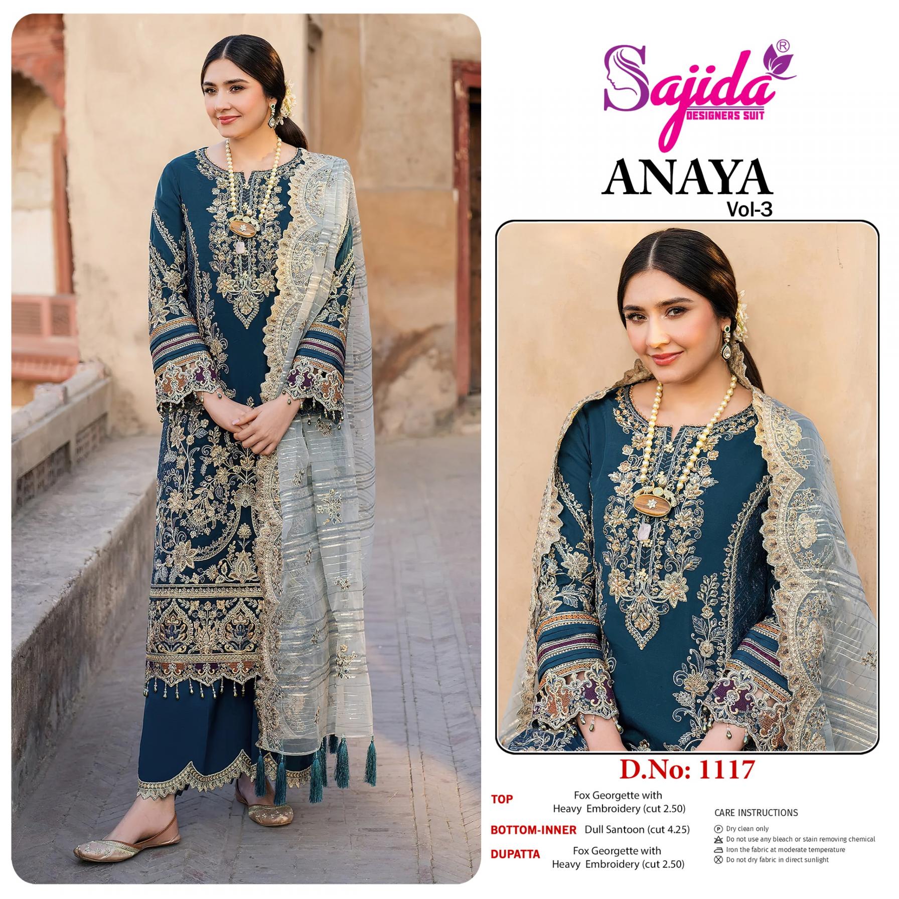 ANAYA VOL 3 BY SAJIDA DESIGNER GEORGETTE FULL STITCH BIG SIZE PAKISTANI SUITS 