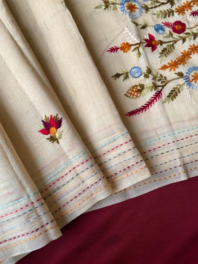 heritage & grace tussar silk woven embroidery work sarees online 