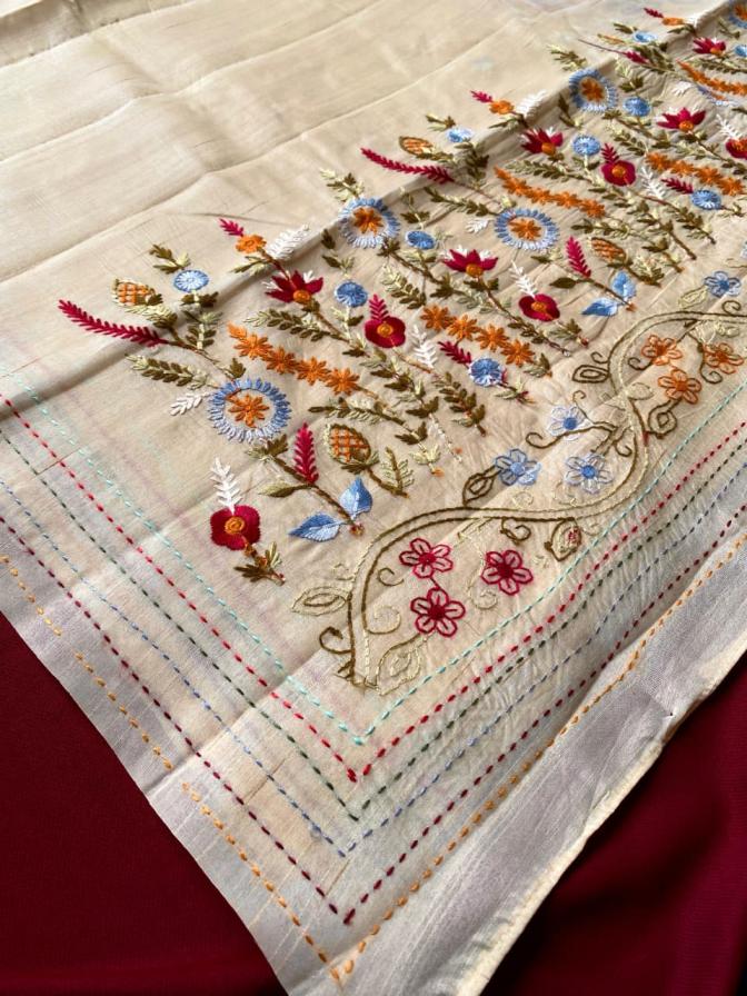 heritage & grace tussar silk woven embroidery work sarees online 